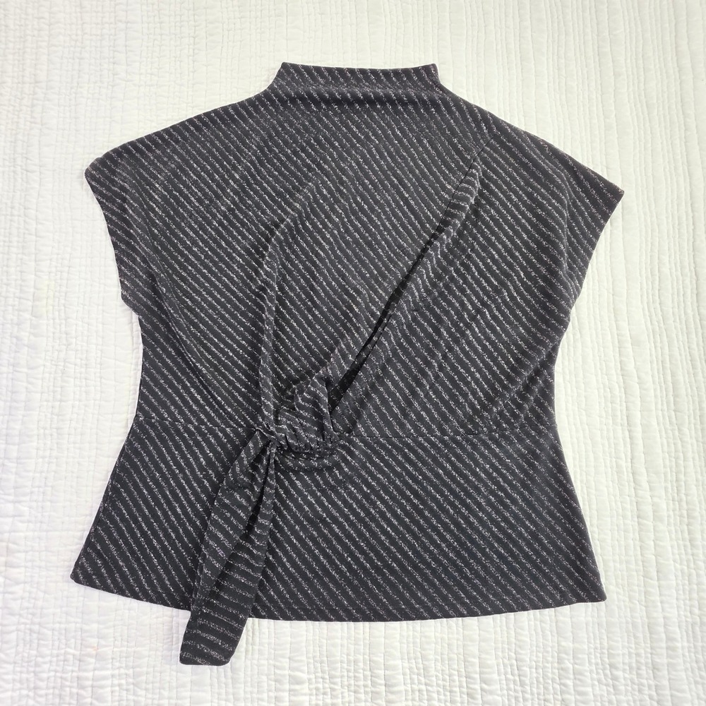 Belldini Black Silver Metallic Blouse Large Mock Neck Tie Front Party Holiday